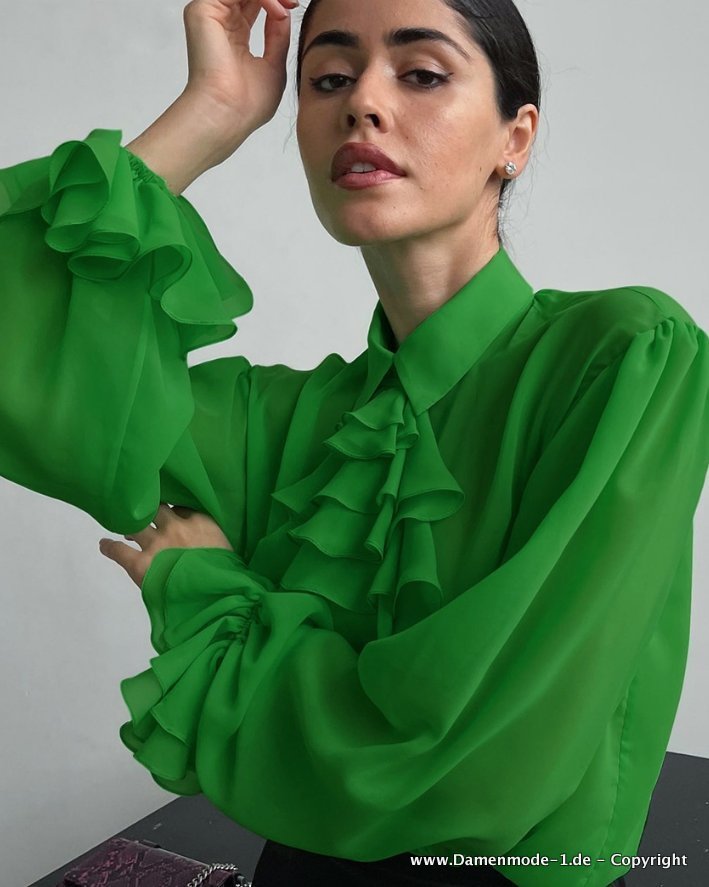 Neuheiten 2024 | Elegante | Chiffon Kaufen Mit in Grün Damen Bluse Rüschen Damenmode Günstig Online