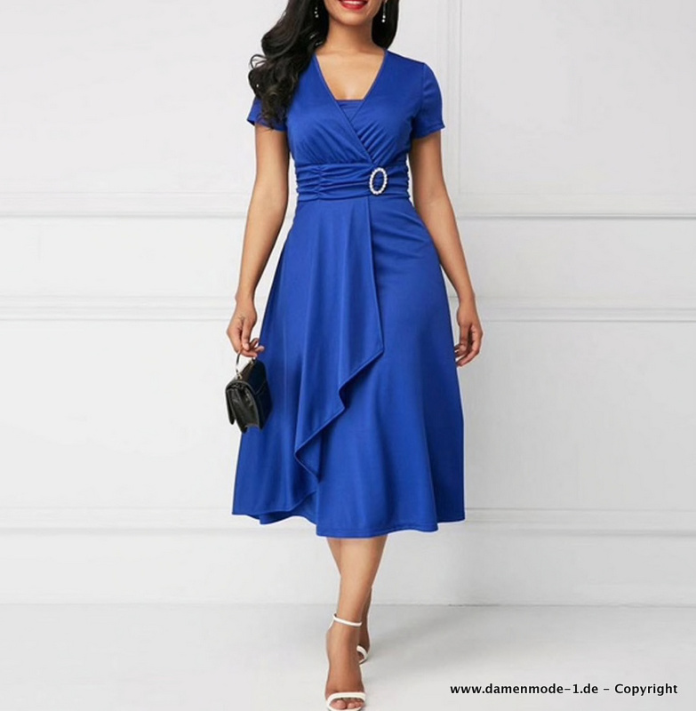 Elegantes A Linie Kleid Aitana in Blau mit V Ausschnitt Wadenlang