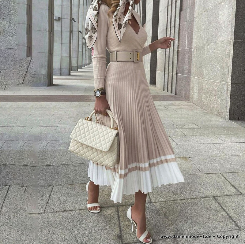 A Linie Langarm Plissee Kleid Elegant in Beige