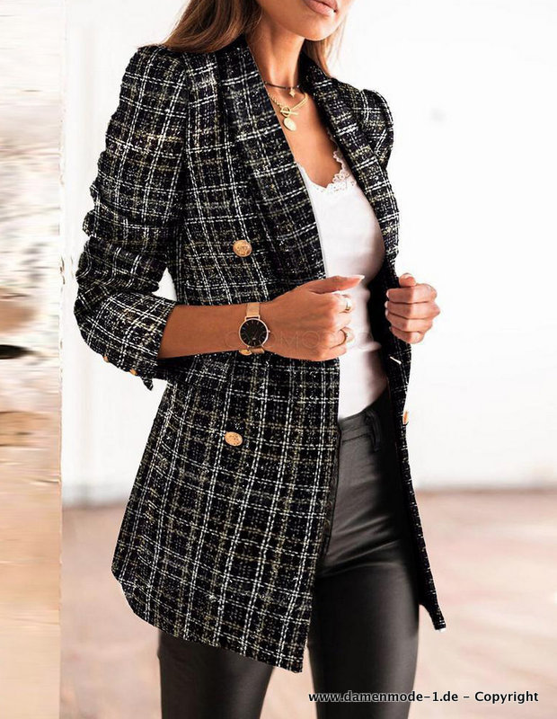 Damen Blazer Birga Elegant mit Revers Kragen Kariert in Schwarz