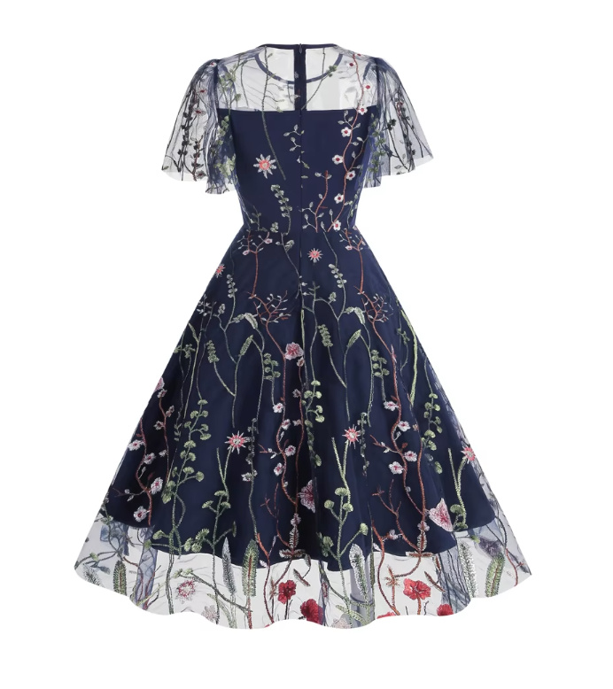 A Linie 50er Vintage Style Kleid Knielang mit Blumenstickereien in Dunkelblau