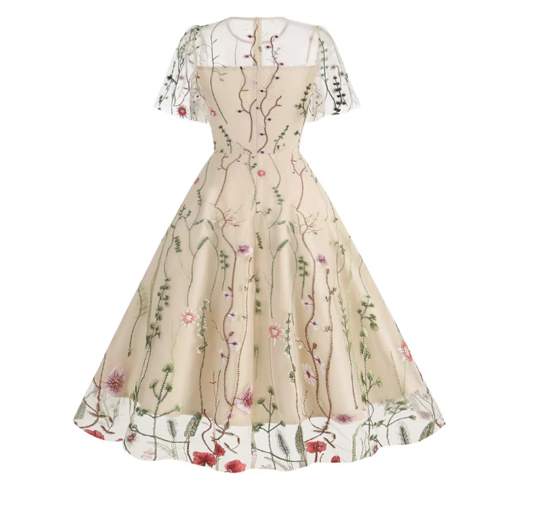 A Linie 50er Vintage Style Kleid Knielang mit Blumenstickereien in Ivory