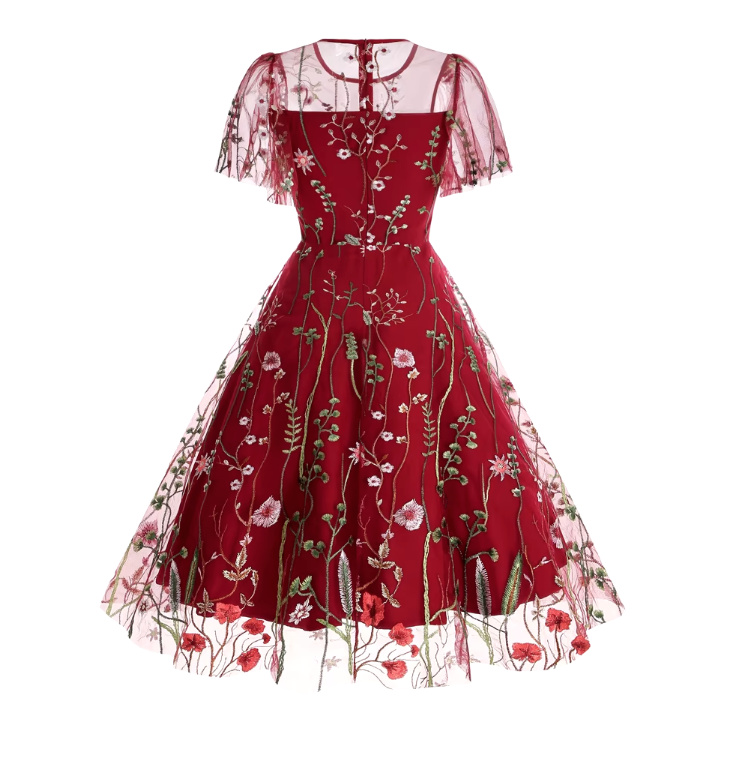 A Linie 50er Vintage Style Kleid Knielang mit Blumenstickereien in Rot