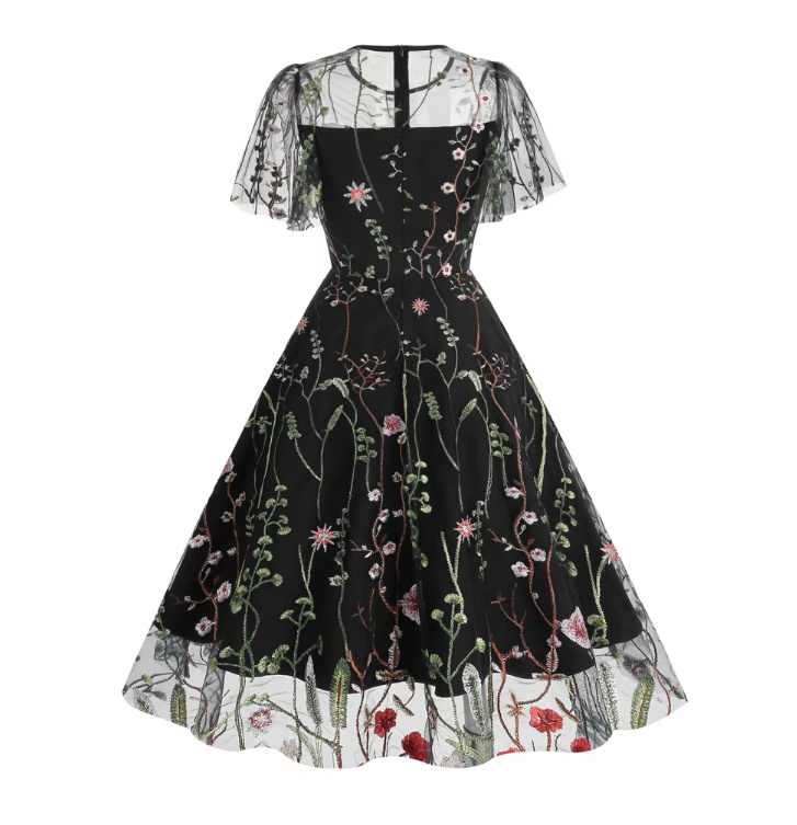 A Linie 50er Vintage Style Kleid Knielang mit Blumenstickereien in Schwarz