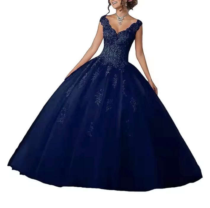  A Linie Abendkleid Ballkleid Ariel mit V Ausschnitt in Marineblau