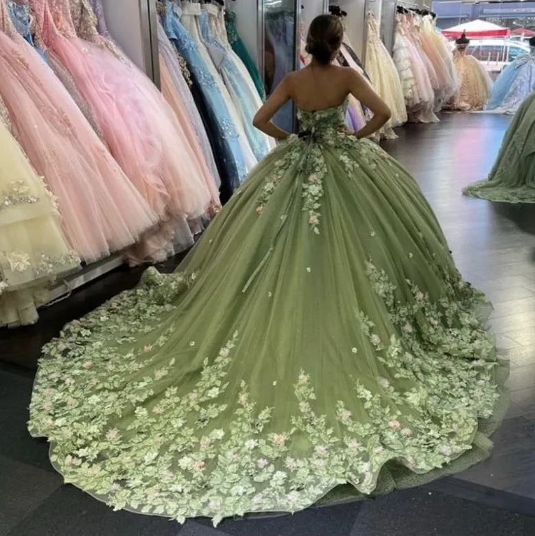  A Linie Abendkleid Ballkleid mit Herz Ausschnitt und Blumen in Grün