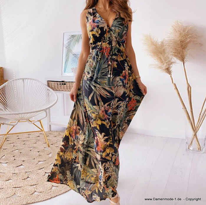  A Linie Boho Maxi Sommerkleid Lang mit V Ausschnitt in Schwarz mit Blumen