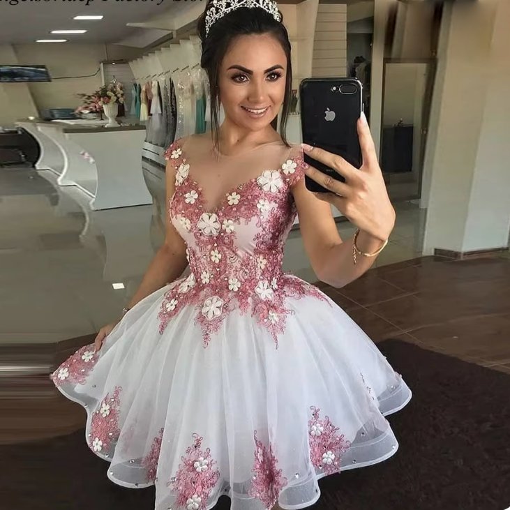  A Linie Cocktailkleid Beeke Kurz in Weiß mit Rosa Applikationen Blumen und Spitze