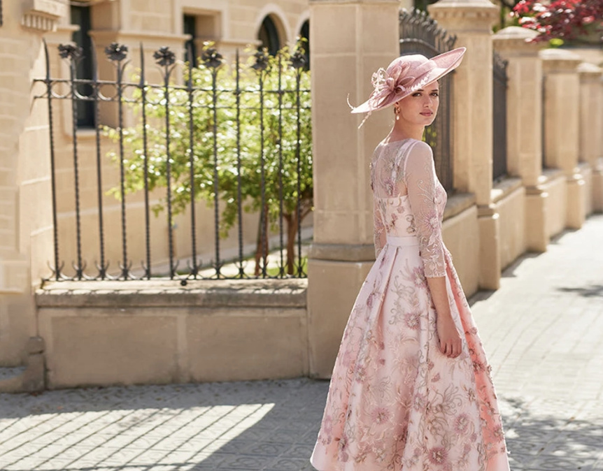  A Linie Kleid Cocktailkleid mit Dreiviertel Ärmel und Stickereien in Zartrosa