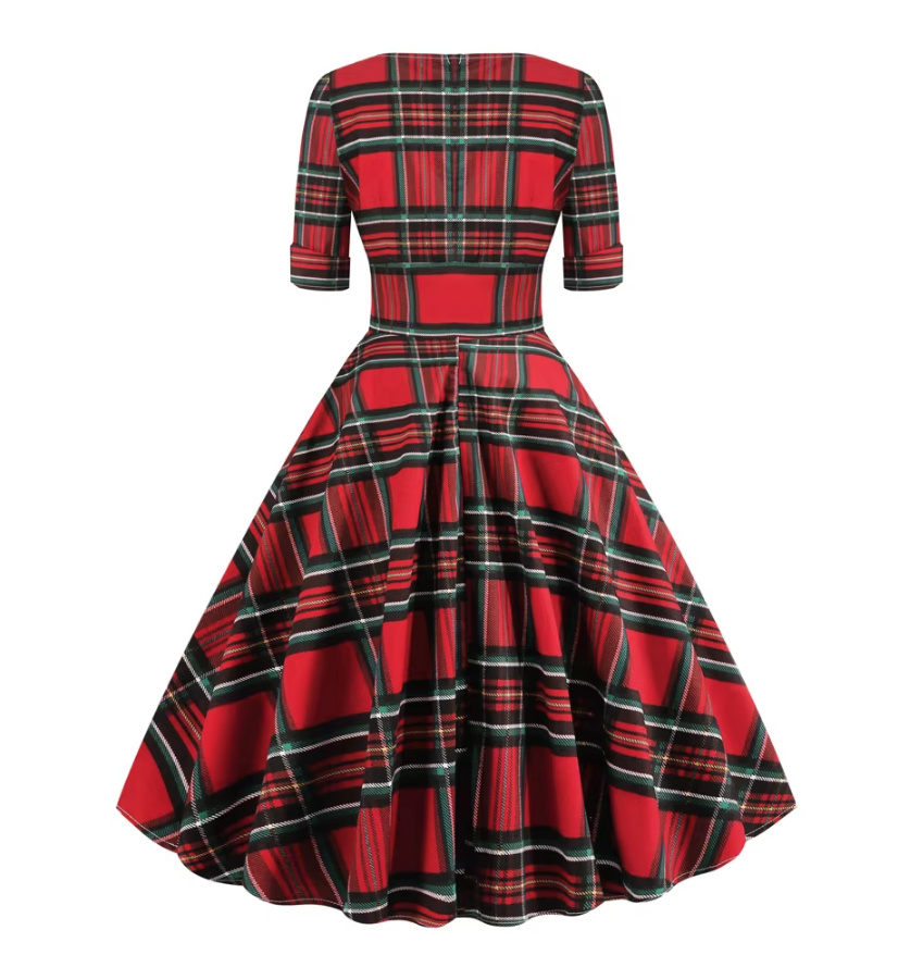 A Linie Kurzarm 50er Rockabilly Kleid Knielang Rot Kariert