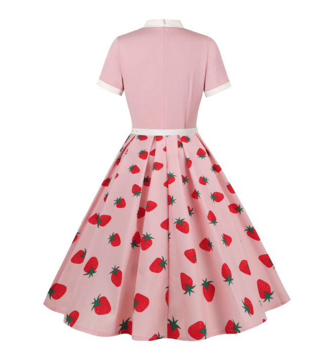 A Linie Kurzarm 50er Rockabilly Vintage Kleid in Rosa mit Erdbeere Muster mit Schleife