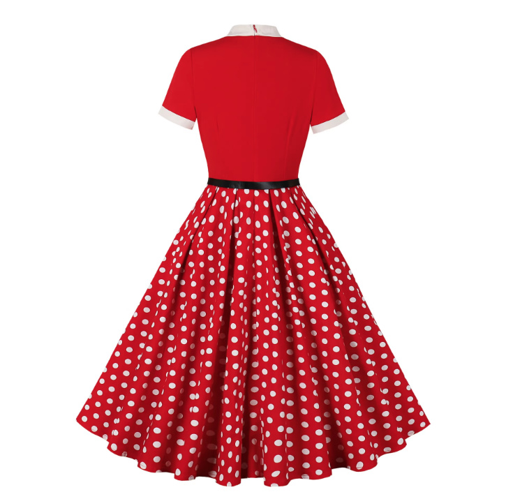 A Linie Kurzarm 50er Rockabilly Vintage Kleid in Rot Gepunktet mit Schleife