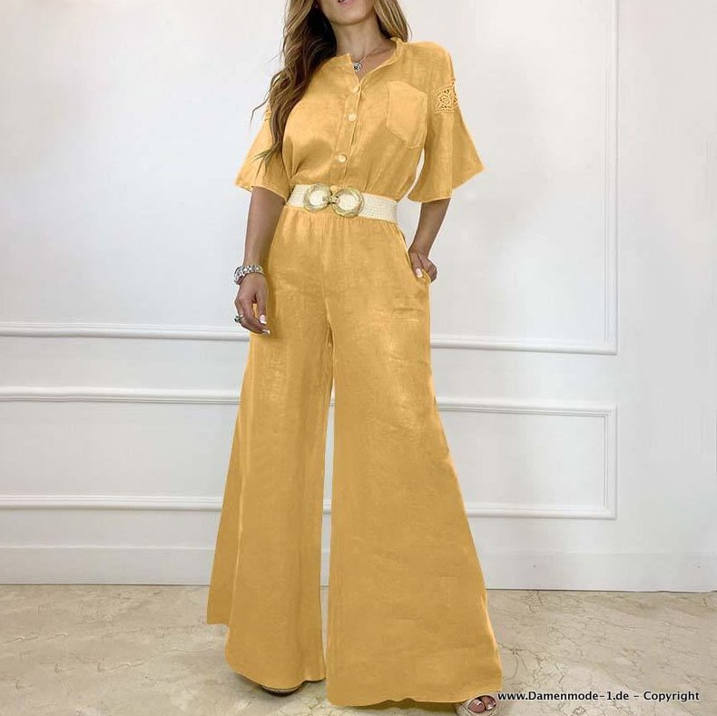 A Linie Kurzarm Jumpsuit Einteiler mit Gürtel Elegant in Gold