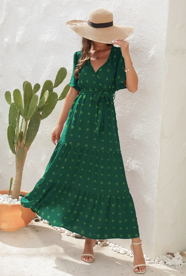 A Linie Kurzarm Sommerkleid Nele Lang in Dunkelgrün