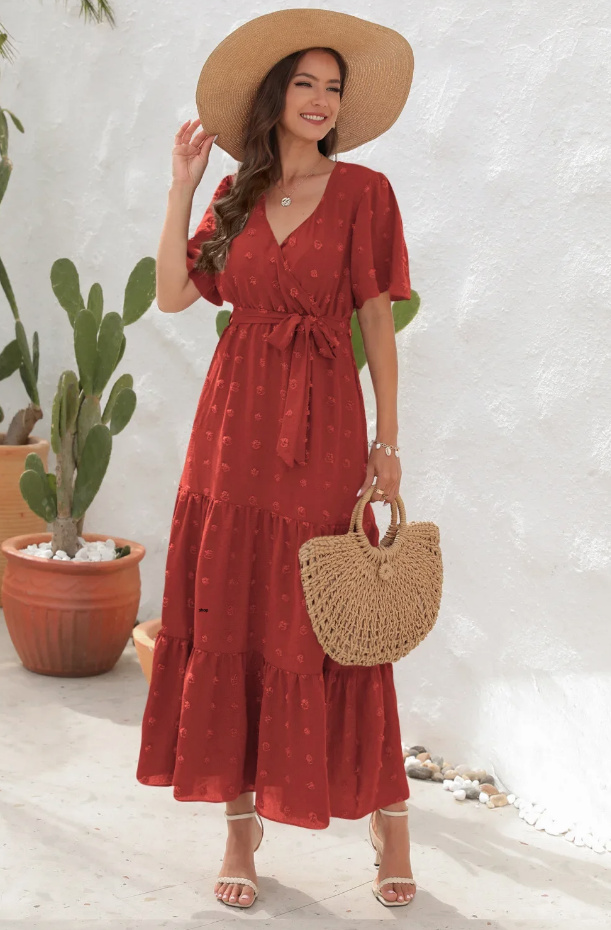 A Linie Kurzarm Sommerkleid Nele Lang in Rot