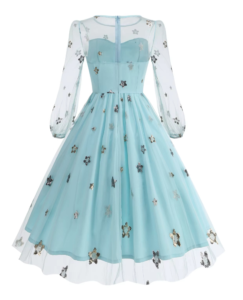 A Linie Langarm 50er Rockabilly Kleid Knielang in Hellblau mit Pailletten Blumen