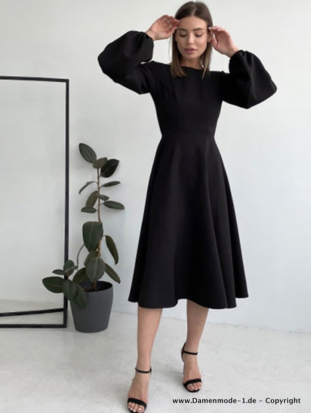 A Linie Langarm Kleid Elegant Wadenlang in Schwarz