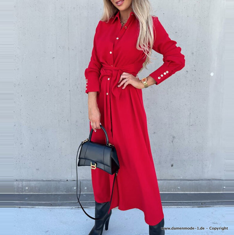 A Linie Langarm Kleid mit Gürtel Elegant in Rot