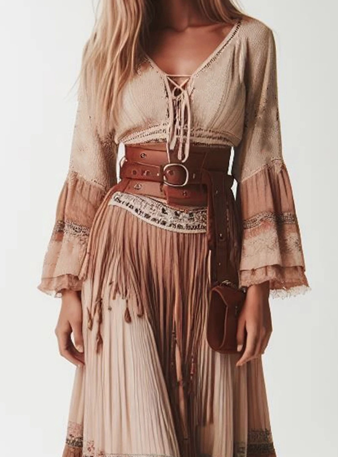 A Linie Langarm Maxi Boho Kleid Lang Khaki mit V Ausschnitt