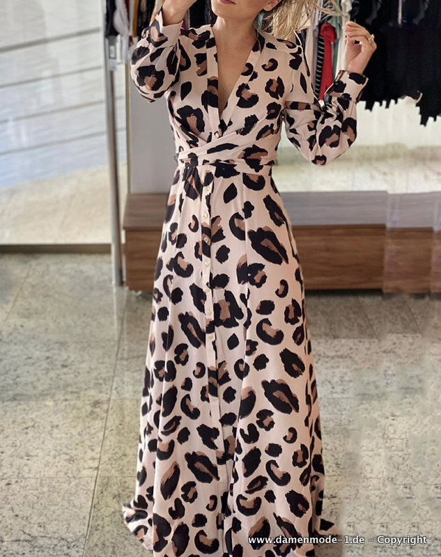  A Linie Langarm Maxi Chiffon Kleid mit Leopard Muster