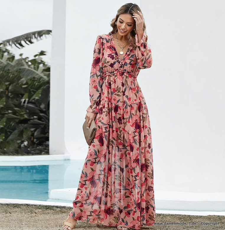 A Linie Langarm Maxi Sommerkleid mit Blumenmuster Leger