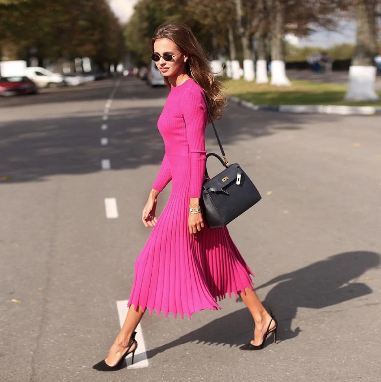 A Linie Langarm Plissee Kleid Elegant in Pink