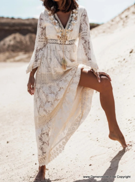  A Linie Maxi Boho Langarm Sommerkleid in Champagne