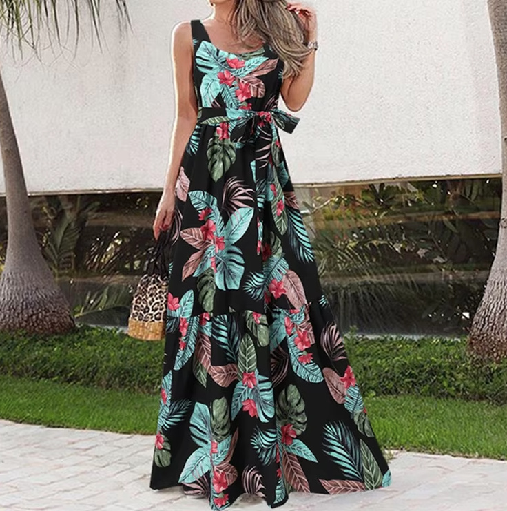 A Linie Print Maxi Sommerkleid Burga Lang Schwarz mit Blumenmuster