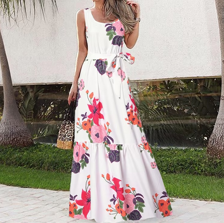 A Linie Print Maxi Sommerkleid Burga Lang Weiß mit Blumenmuster