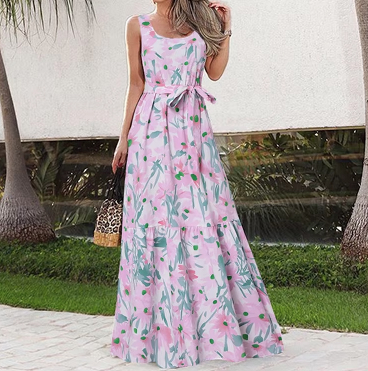 A Linie Print Maxi Sommerkleid Online Lang Rosa mit Blumenmuster