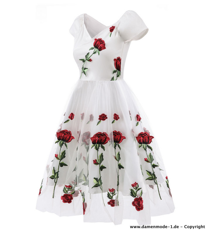  A Linie Rockabilly Style Kleid Elegant mit Rote Rosen 