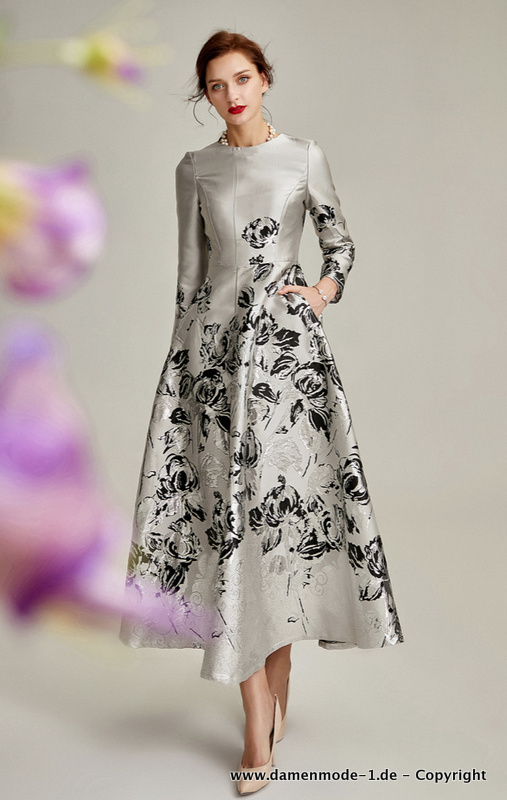  A Linie Satin Kleid Elegant in Silber mit Blumen Muster Lang