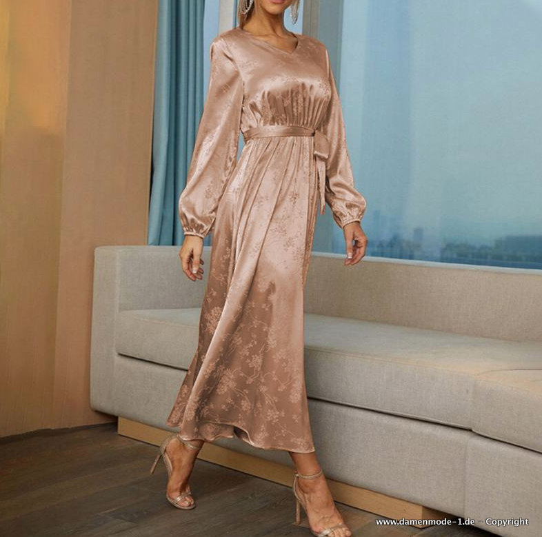 A Linie Satin Langarm Kleid Elegant in Beige