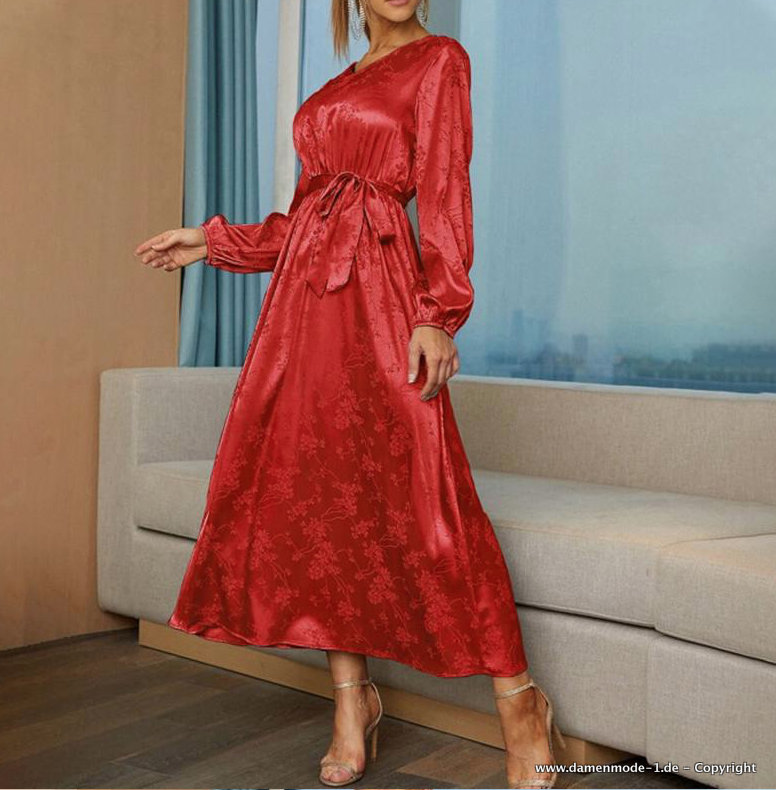 A Linie Satin Langarm Kleid Elegant in Rot