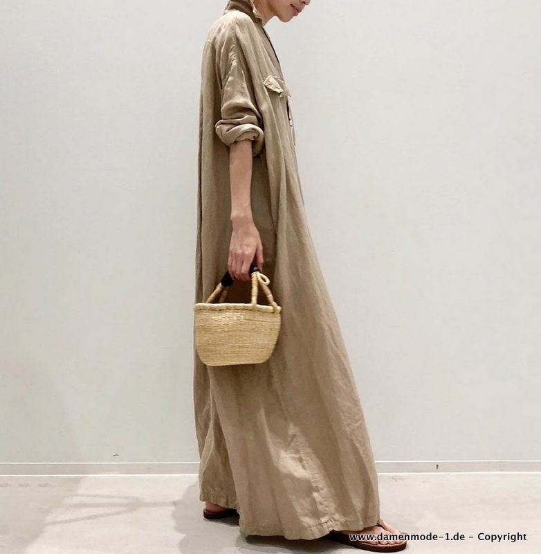  A Linie Sommer Blusenkleid Lang in Khaki