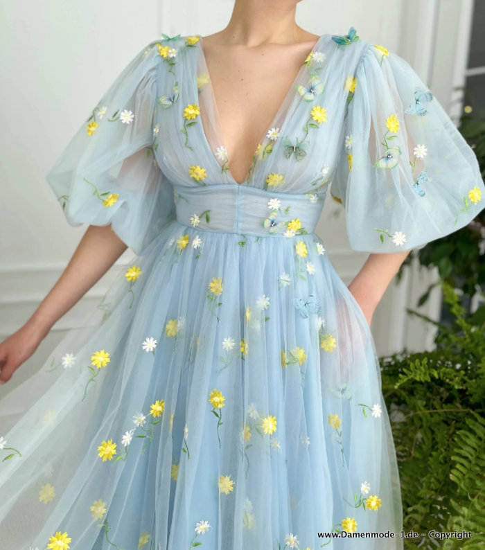  A Linie Tüll Abendkleid Wadenlang mit Blumen in Hellblau