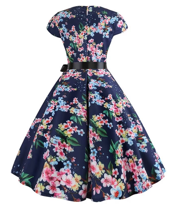 A Linie Vintage 60er Rockabilly Kleid Callisto Knielang Dunkelblau mit Blumenmuster