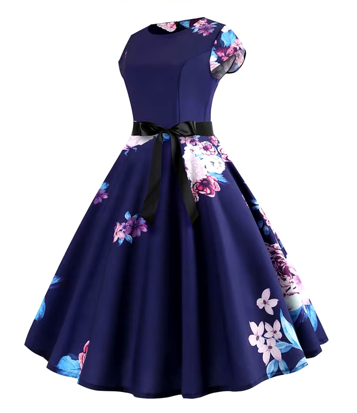 A Linie Vintage 60er Rockabilly Kleid Callisto Knielang Dunkellila mit Blumenmuster