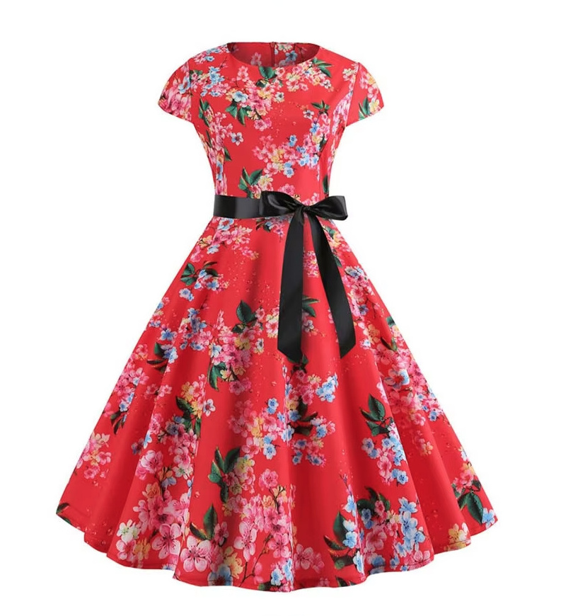 A Linie Vintage 60er Rockabilly Kleid Callisto Knielang Rot mit Blumenmuster