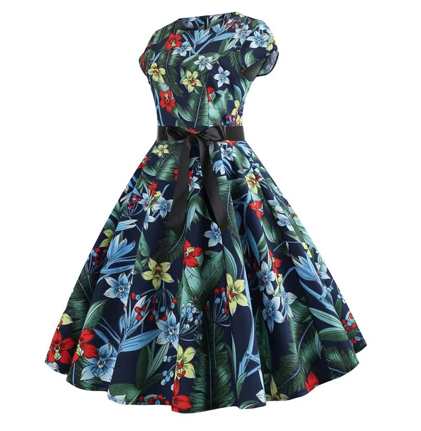 A Linie Vintage 60er Rockabilly Kleid Callisto Knielang mit Blumenmuster