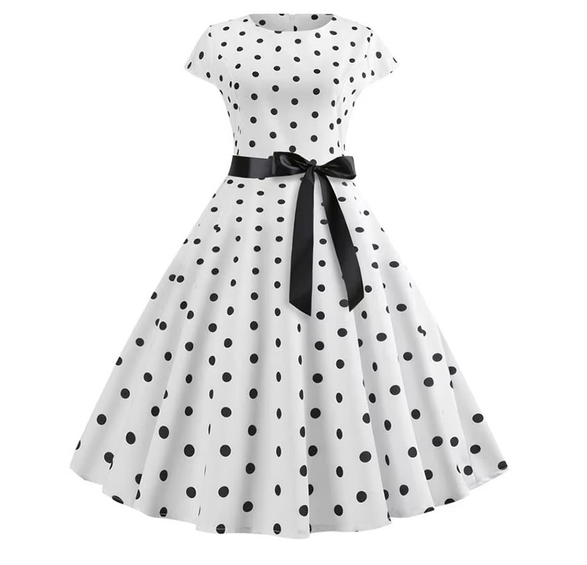 A Linie Vintage 60er Rockabilly Kleid Cécile Knielang Weiß Gepunktet