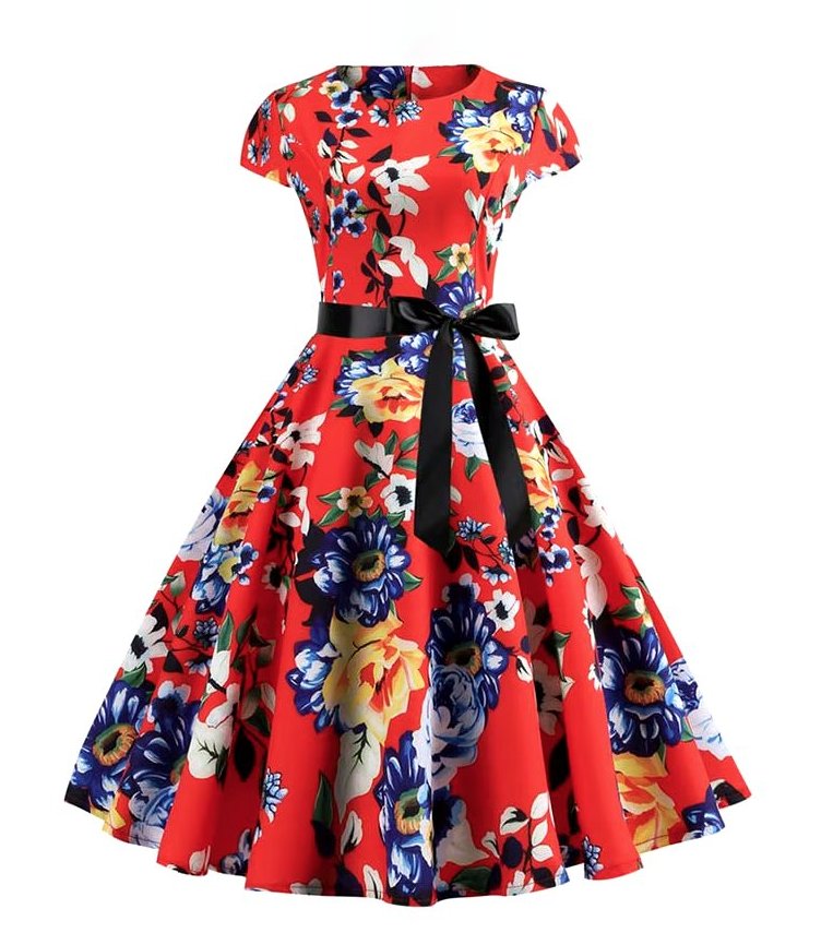 A Linie Vintage 60er Rockabilly Kleid Charline Knielang in Rot mit Blumenmuster