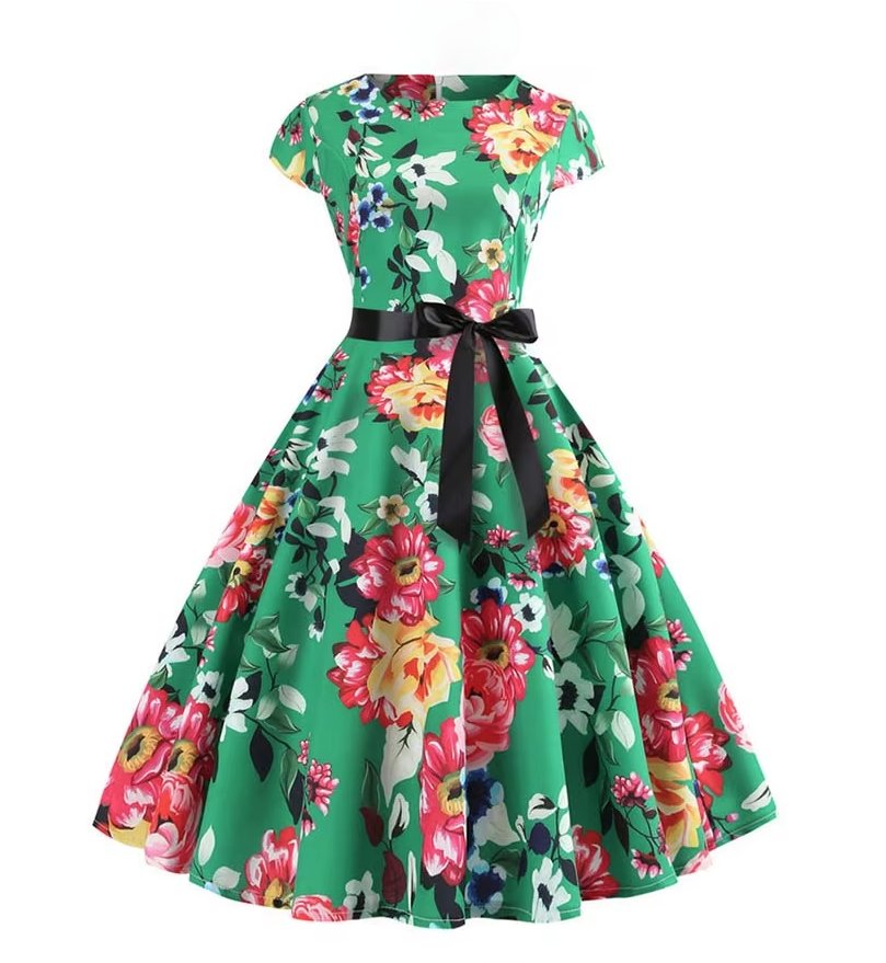 A Linie Vintage 60er Rockabilly Kleid Clementine Knielang Grün mit Blumenmuster