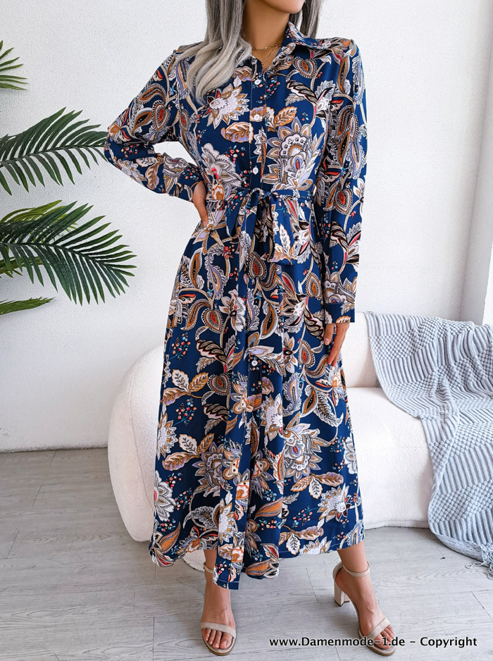 A Linie Vintage Print Langarm Sommerkleid Zum Knöpfen Blau