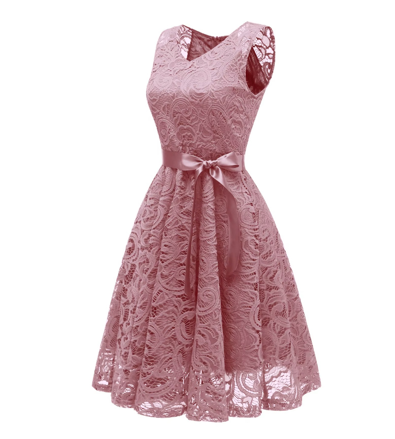 A Linie Vintage Style Kleid Knielang Elegant aus Spitze Ärmellos mit Schärpe Rosa