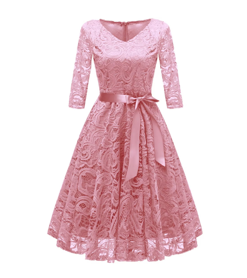 A Linie Vintage Style Kleid Knielang Elegant aus Spitze mit Dreiviertel Ärmel und Schärpe Rosa