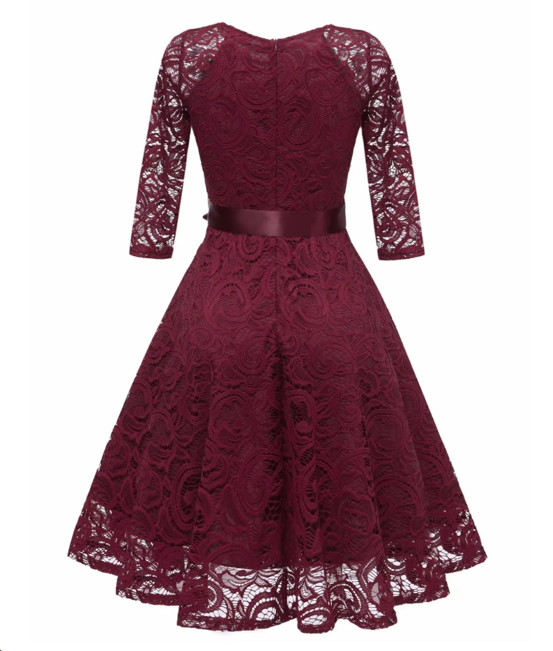 A Linie Vintage Style Kleid Knielang Elegant aus Spitze mit Dreiviertel Ärmel und Schärpe Weinrot