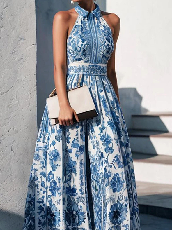 Ärmelloses Boho Maxi Sommerkleid Elegant in Blau Weiß