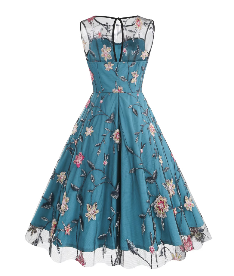 Ärmelloses Vintage Rockabilly Kleid Knielang in Dunkelblau mit Blumenstickereien