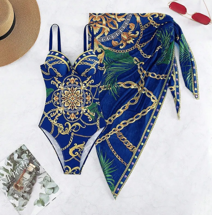 Beach Outfit Vintage Print Badeanzug Blau mit Tuch im Set